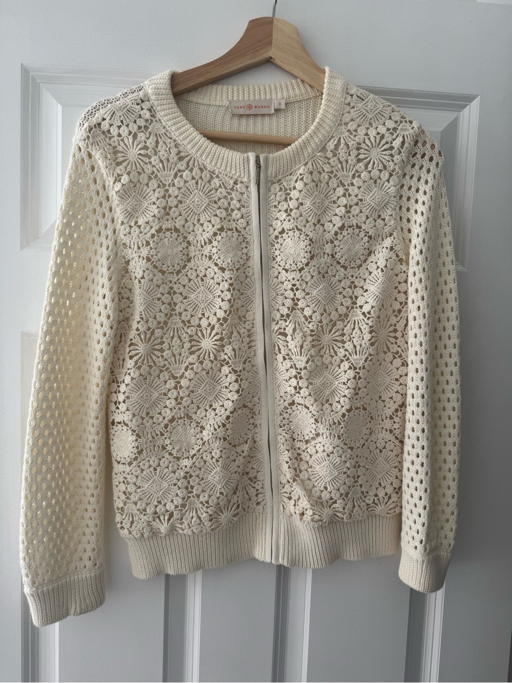 Tory Burch Cream Crochet Zip-Front Cardigan